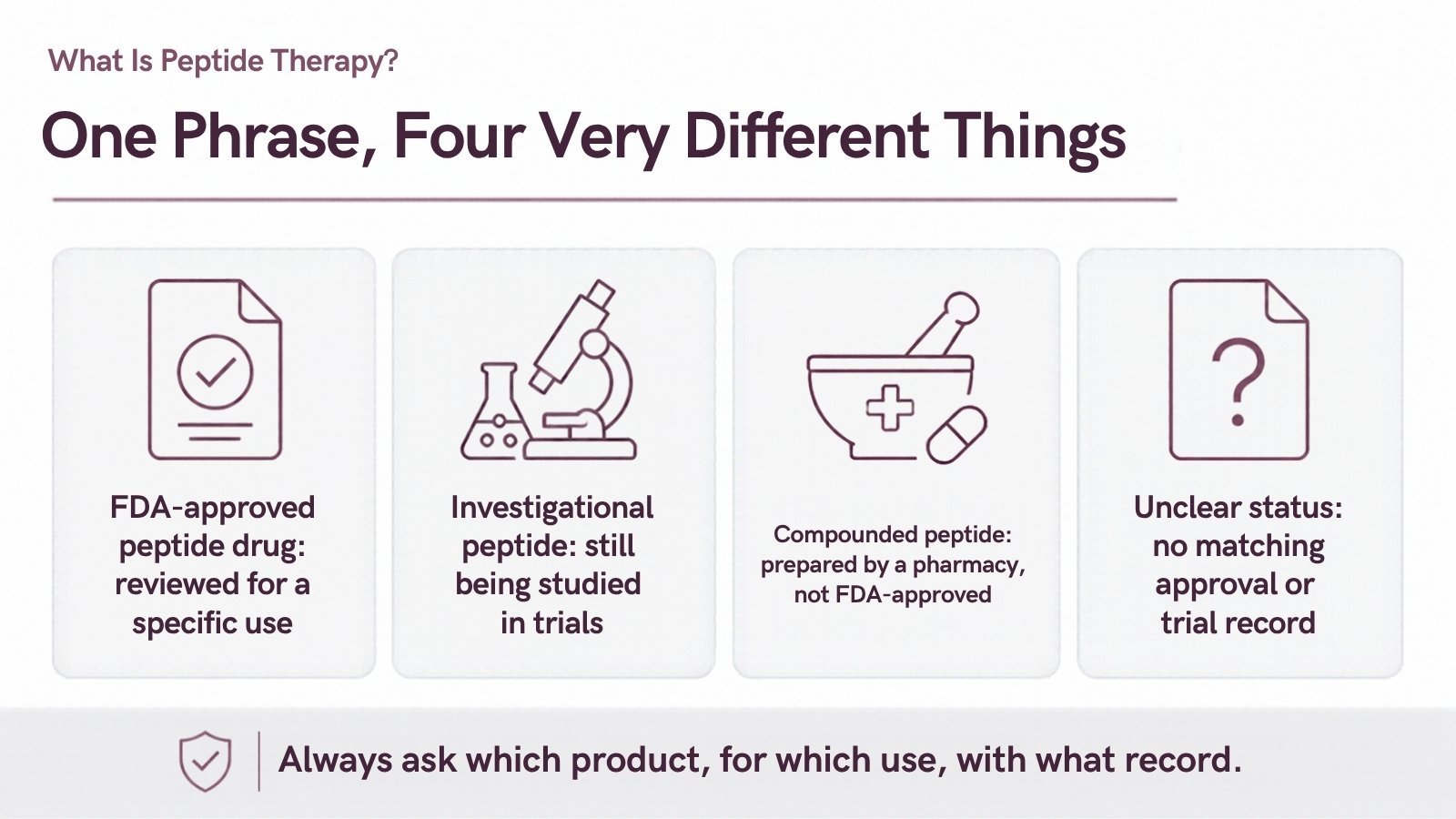 Infographic showing four categories under the phrase peptide therapy: FDA-approved drug, investigational peptide, compounded peptide and unclear status product
