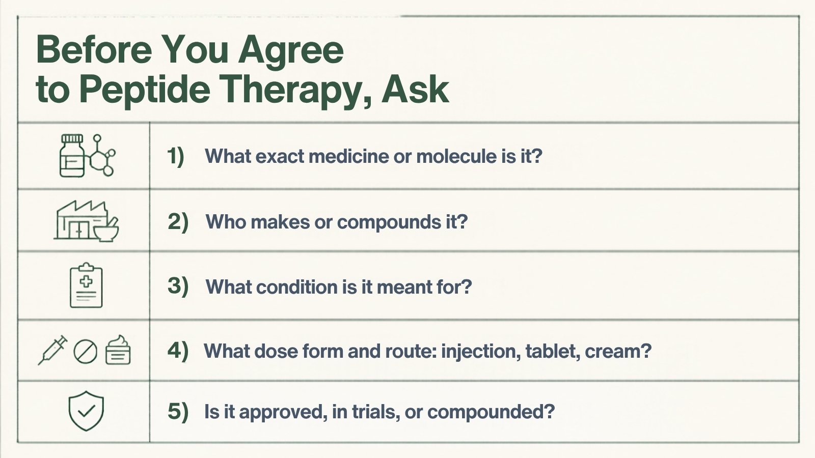 Checklist graphic of five questions to ask before agreeing to peptide therapy covering the molecule, maker, condition, dose form and regulatory status